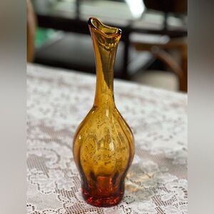 Vintage MCM Blenko Art Glass Style 64D Ribbed Vase Amber Hand Blown